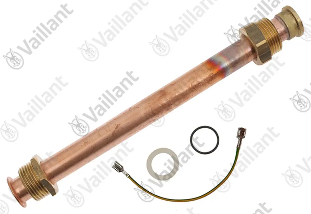 Vaillant Rohr mit zwei Anschlussgewinden, bestehend aus Kupfer, ergänzt durch eine Dichtung und Kabelanschluss.
